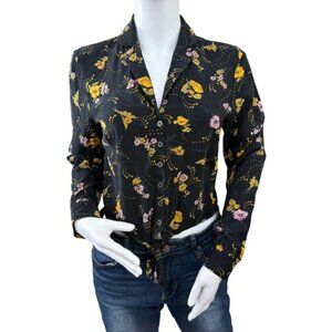 MODCLOTH Black Floral Print Tie‎ Front Button Up Shirt Blouse Women Medium